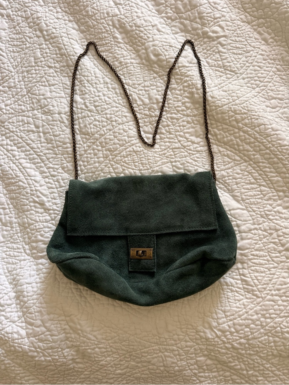 100% Leather FP Green Suede Crossbody Bag with Chain Strap